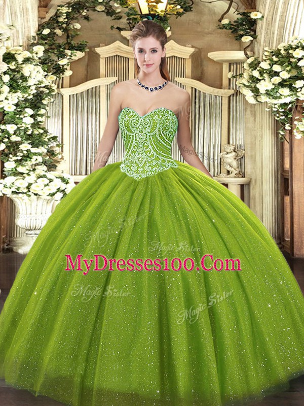 Sweetheart Sleeveless Lace Up Quinceanera Gowns Olive Green Tulle