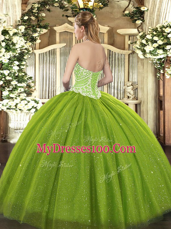 Sweetheart Sleeveless Lace Up Quinceanera Gowns Olive Green Tulle
