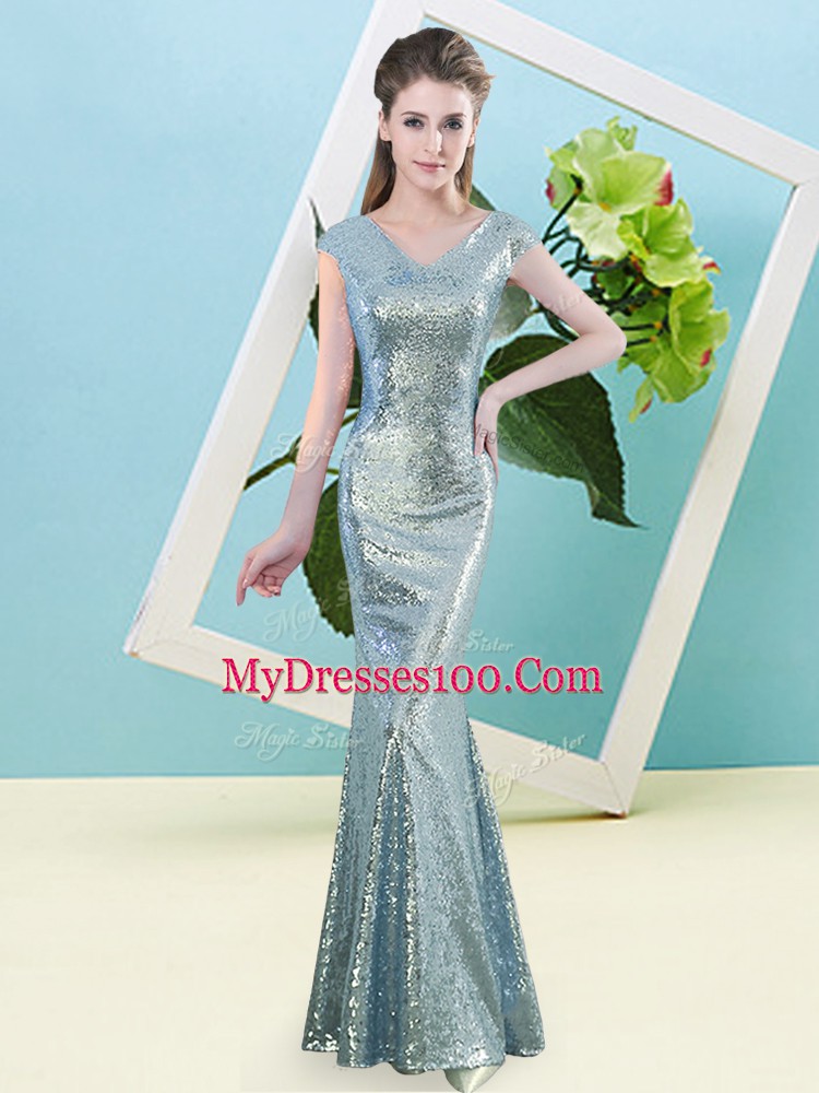 Cap Sleeves Sequined Floor Length Zipper Formal Dresses in Light Blue with Sequins