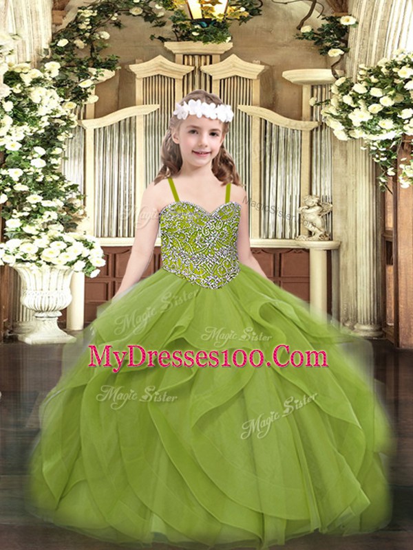 Hot Sale Olive Green Straps Neckline Beading and Ruffles Little Girl Pageant Gowns Sleeveless Lace Up