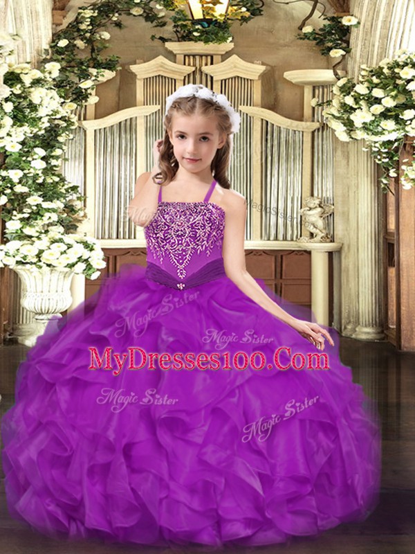 Fuchsia Sleeveless Organza Lace Up Little Girl Pageant Gowns for Party and Quinceanera