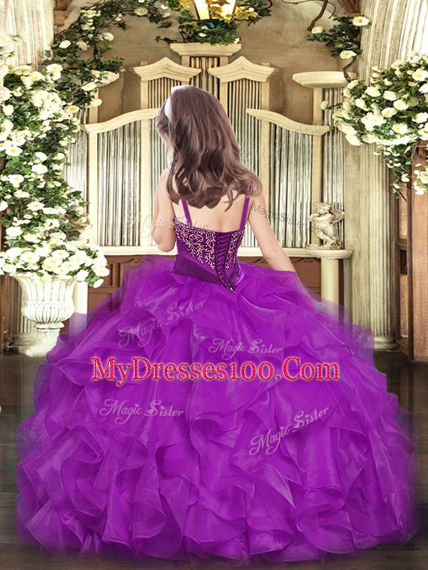 Fuchsia Sleeveless Organza Lace Up Little Girl Pageant Gowns for Party and Quinceanera