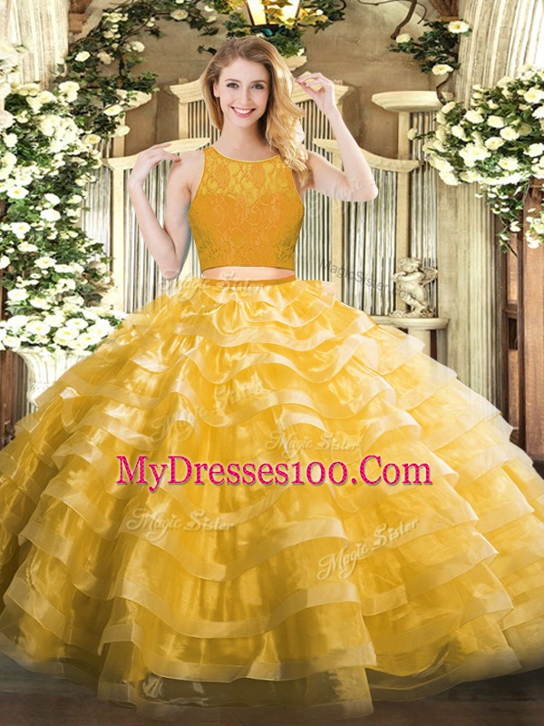 Latest Sleeveless Floor Length Lace and Ruffled Layers Zipper 15th Birthday Dress with Gold