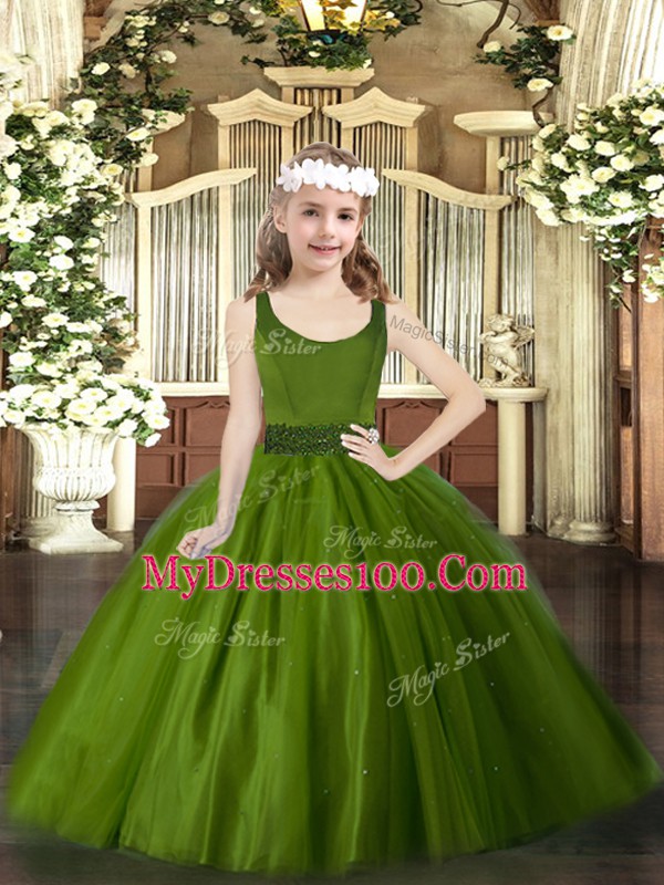 Floor Length Olive Green Pageant Dress for Teens Tulle Sleeveless Beading