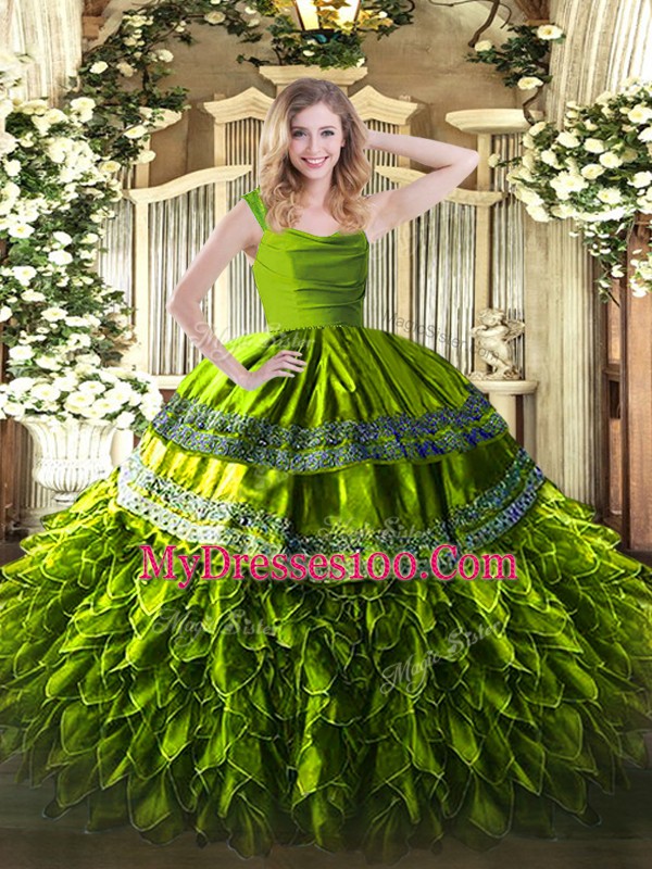 Noble Olive Green Zipper Quinceanera Dresses Beading and Ruffles Sleeveless Floor Length