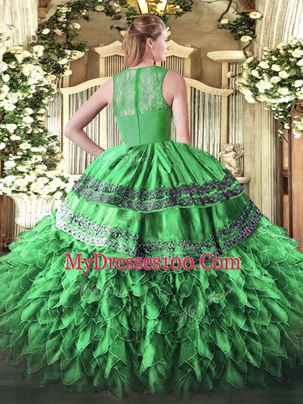 Noble Olive Green Zipper Quinceanera Dresses Beading and Ruffles Sleeveless Floor Length