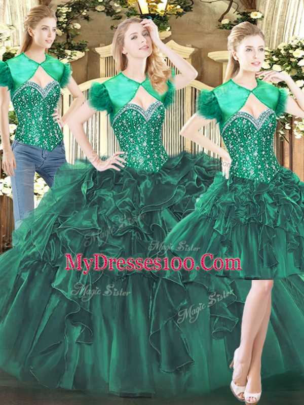 Sophisticated Dark Green Sweetheart Lace Up Beading and Ruffles Quinceanera Dresses Sleeveless