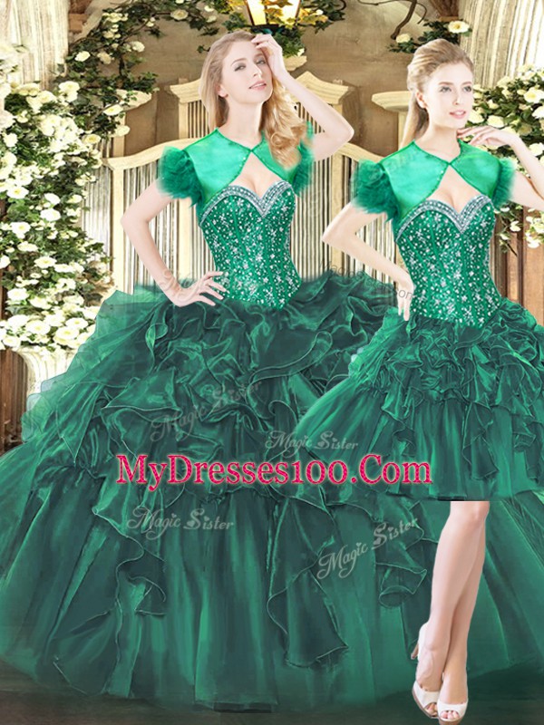 Sophisticated Dark Green Sweetheart Lace Up Beading and Ruffles Quinceanera Dresses Sleeveless