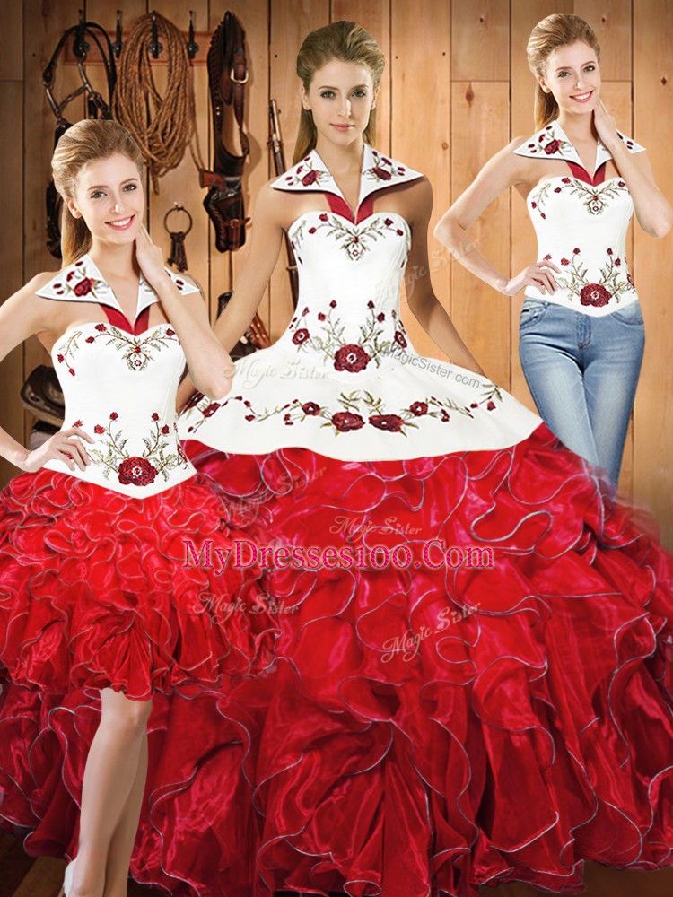 Floor Length White And Red Vestidos de Quinceanera Halter Top Sleeveless Lace Up