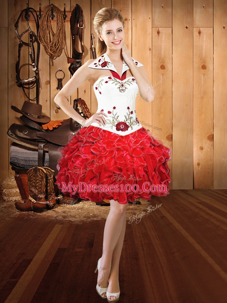 Floor Length White And Red Vestidos de Quinceanera Halter Top Sleeveless Lace Up