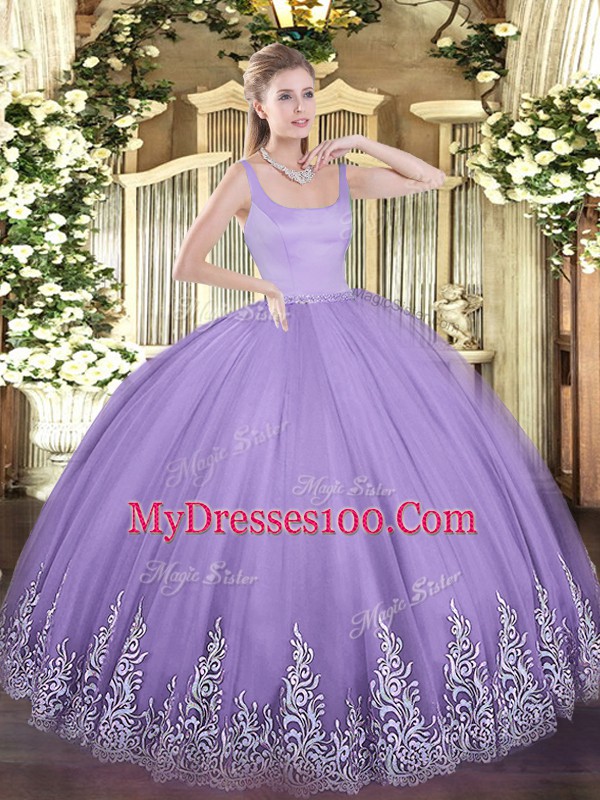 Lavender Sleeveless Floor Length Appliques Zipper Quince Ball Gowns