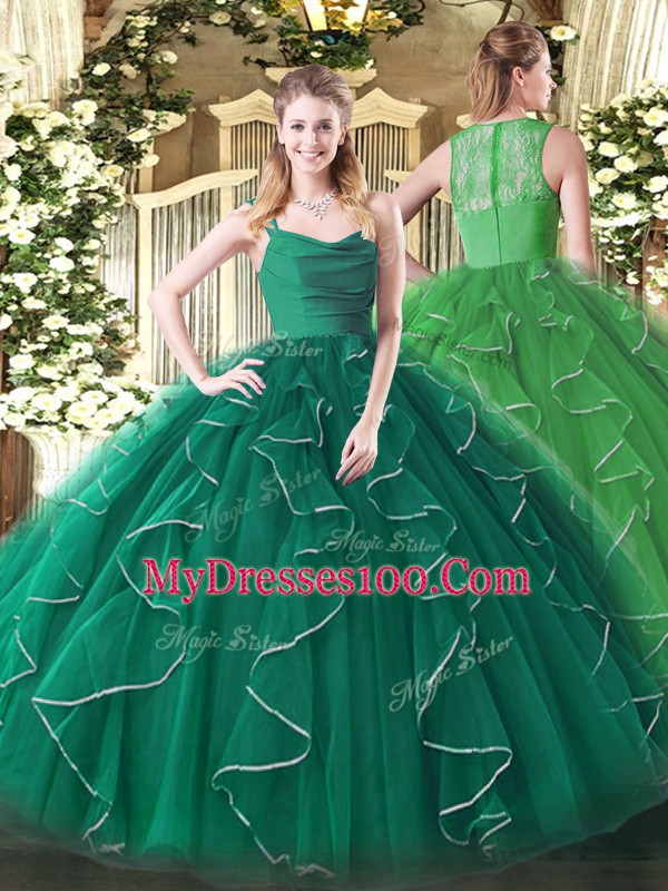 Peacock Green Sleeveless Organza Zipper Sweet 16 Dress for Military Ball and Sweet 16 and Quinceanera