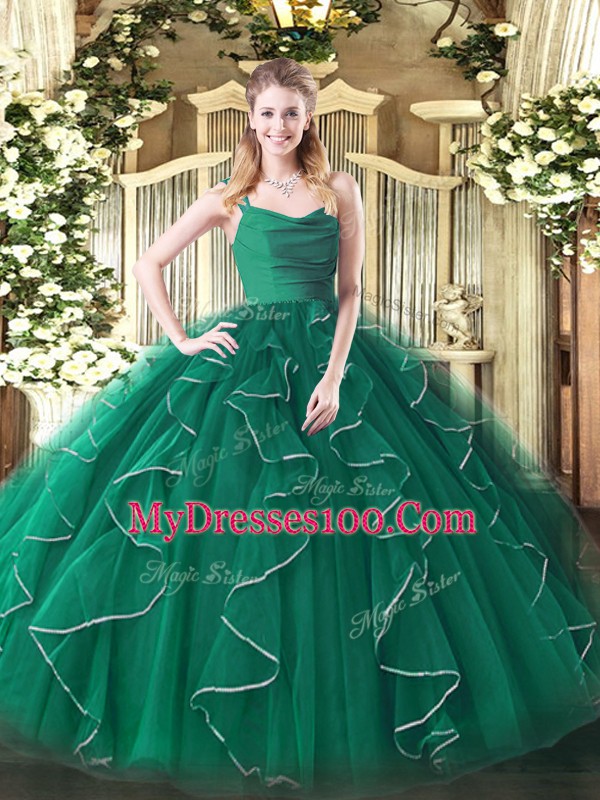 Peacock Green Sleeveless Organza Zipper Sweet 16 Dress for Military Ball and Sweet 16 and Quinceanera