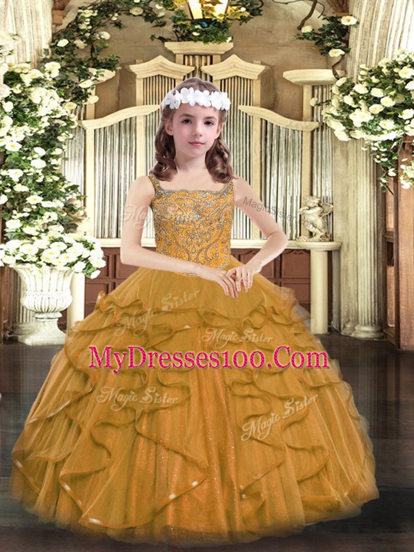 Brown Tulle Lace Up Little Girl Pageant Gowns Sleeveless Floor Length Beading and Ruffles