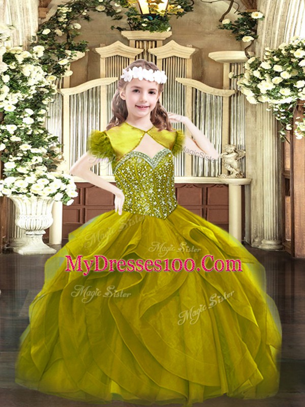 Olive Green Straps Lace Up Beading and Ruffles Pageant Dress Wholesale Sleeveless