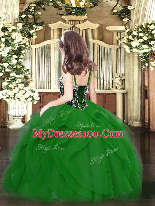 Olive Green Straps Lace Up Beading and Ruffles Pageant Dress Wholesale Sleeveless
