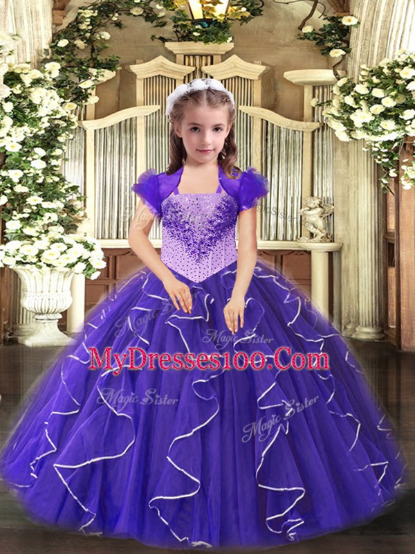 Best Ball Gowns Pageant Gowns For Girls Purple Straps Organza Sleeveless Floor Length Lace Up
