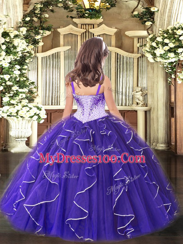 Best Ball Gowns Pageant Gowns For Girls Purple Straps Organza Sleeveless Floor Length Lace Up