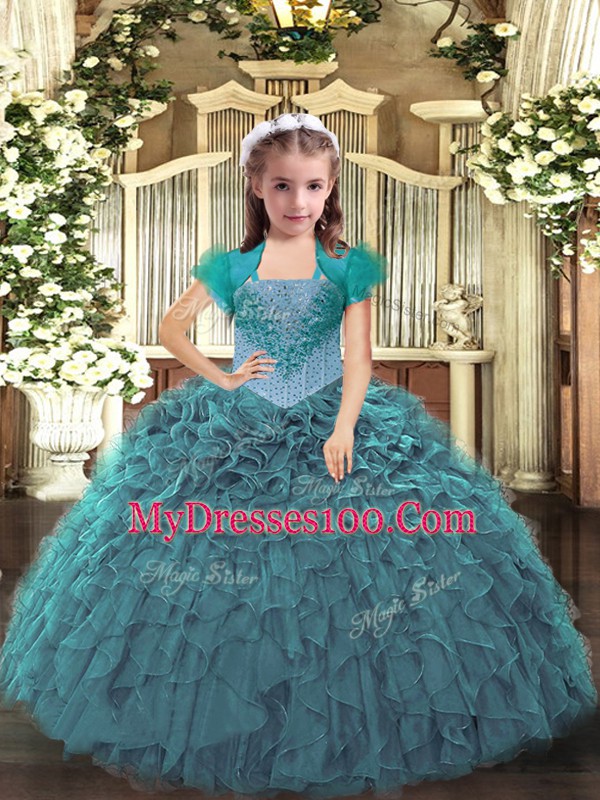 Straps Sleeveless Lace Up Pageant Dresses Teal Organza