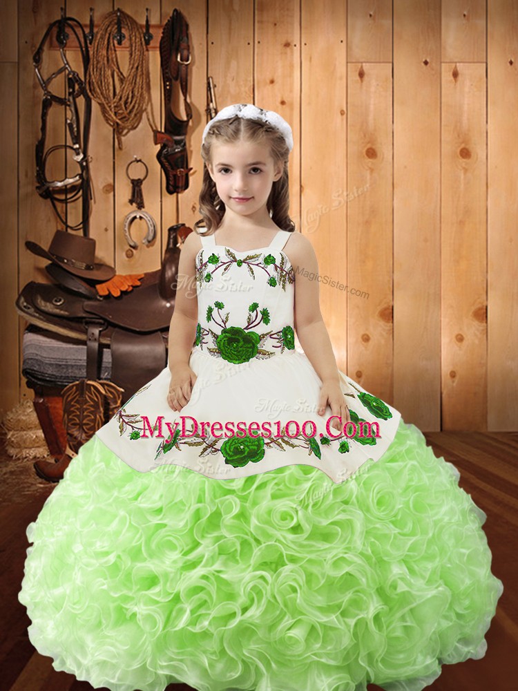 Beautiful Yellow Green Ball Gowns Straps Sleeveless Fabric With Rolling Flowers Floor Length Lace Up Embroidery and Ruffles Kids Formal Wear