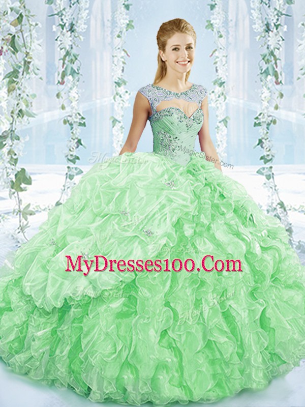 Beauteous Sleeveless Brush Train Beading and Ruching Lace Up Ball Gown Prom Dress