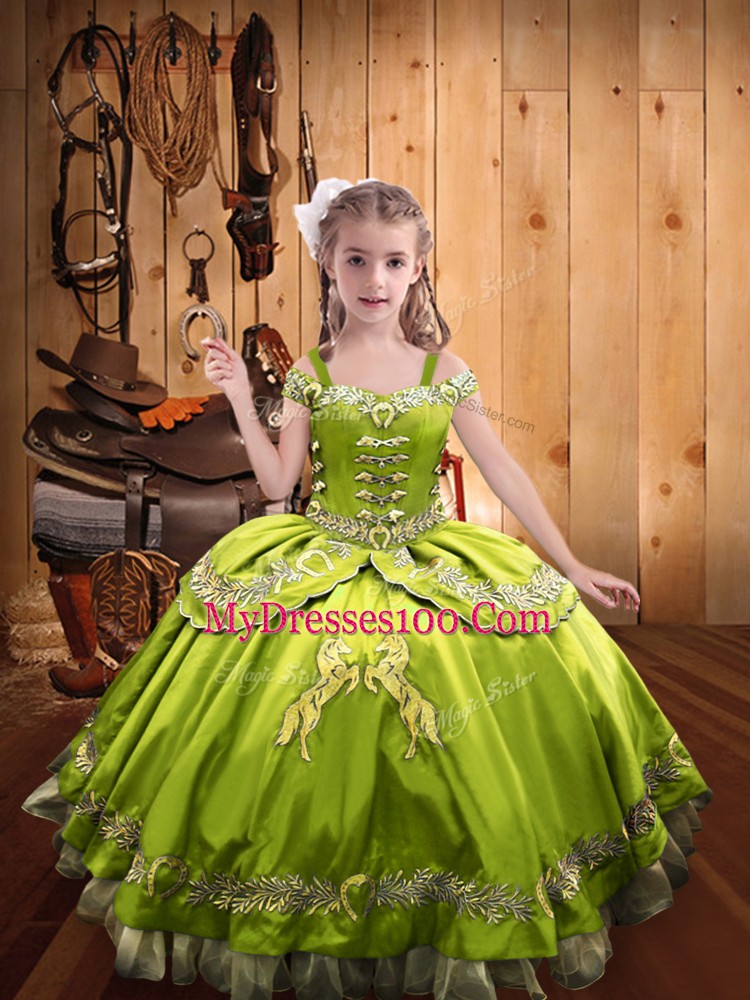 Unique Yellow Green Satin Lace Up Pageant Gowns For Girls Sleeveless Floor Length Beading and Embroidery