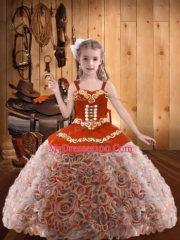 Fashion Sleeveless Floor Length Embroidery and Ruffles Lace Up Child Pageant Dress with Multi-color