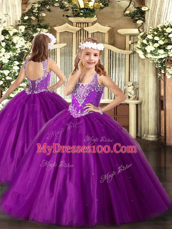 Purple Sleeveless Tulle Lace Up Kids Formal Wear for Party and Quinceanera