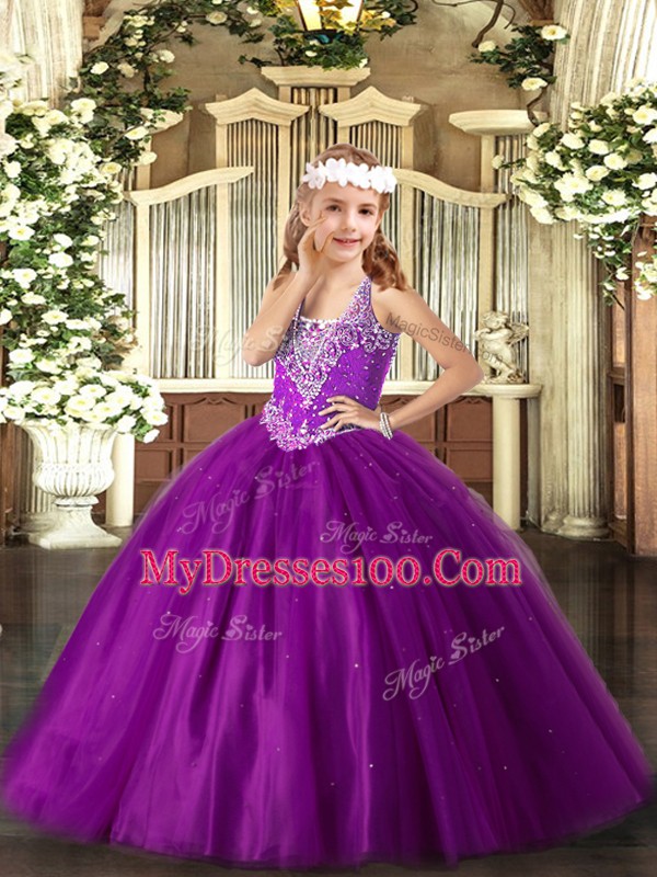 Purple Sleeveless Tulle Lace Up Kids Formal Wear for Party and Quinceanera