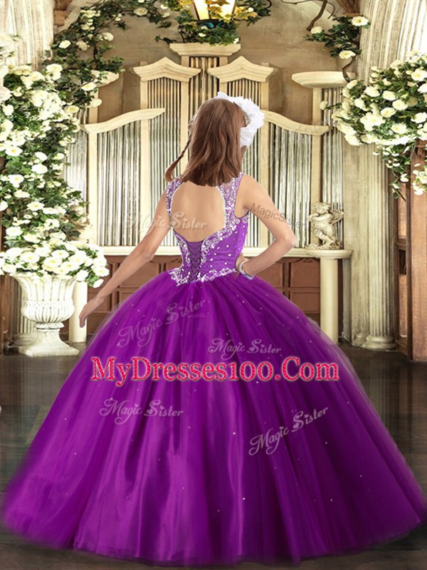 Purple Sleeveless Tulle Lace Up Kids Formal Wear for Party and Quinceanera