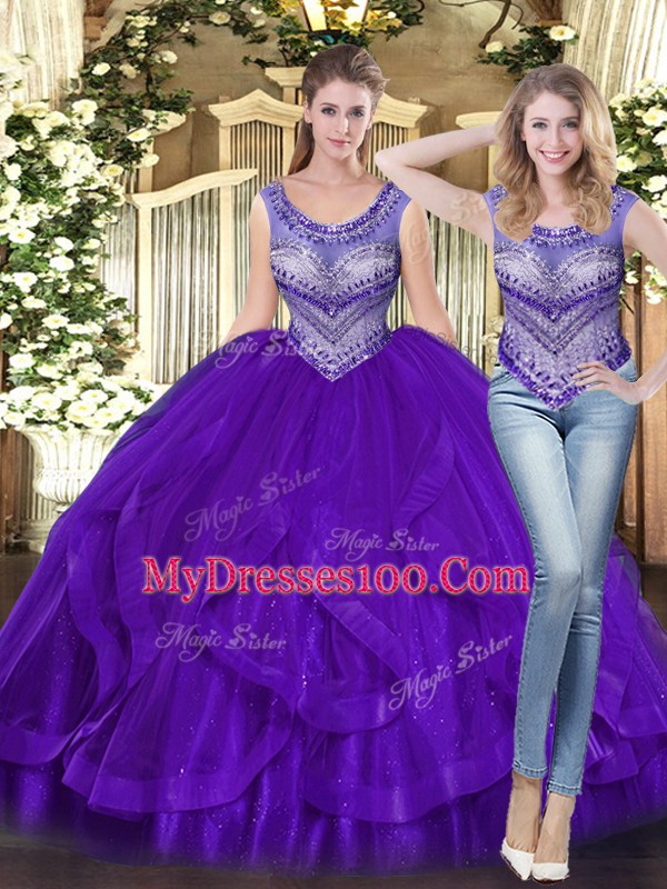 Sophisticated Sleeveless Beading and Ruffles Lace Up Vestidos de Quinceanera