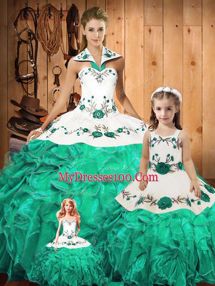 Inexpensive Green Halter Top Neckline Embroidery and Ruffles 15 Quinceanera Dress Sleeveless Lace Up