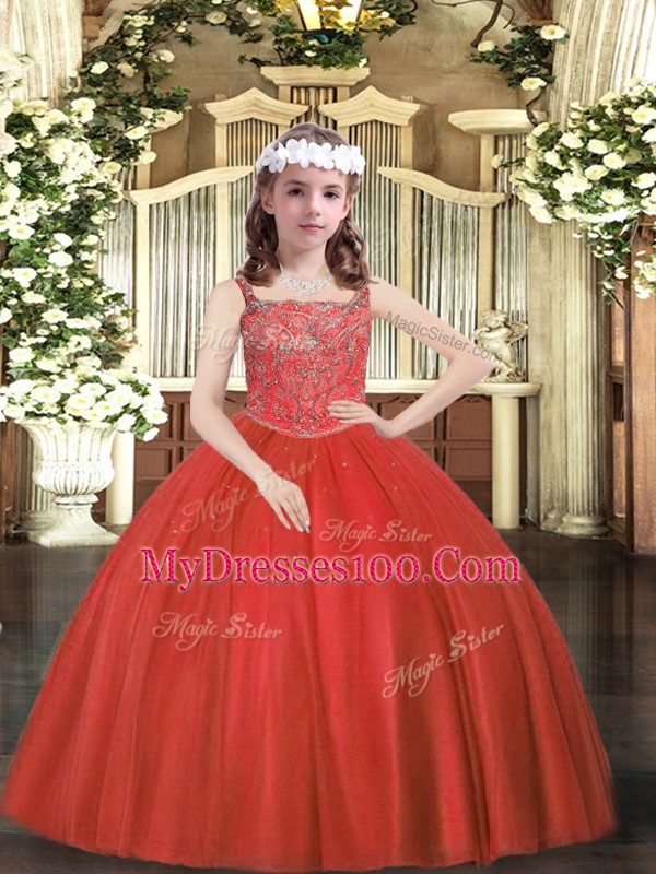 Beading Glitz Pageant Dress Red Zipper Sleeveless Floor Length