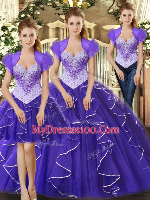 Purple Ball Gowns Straps Sleeveless Tulle Floor Length Lace Up Beading and Ruffles Sweet 16 Quinceanera Dress