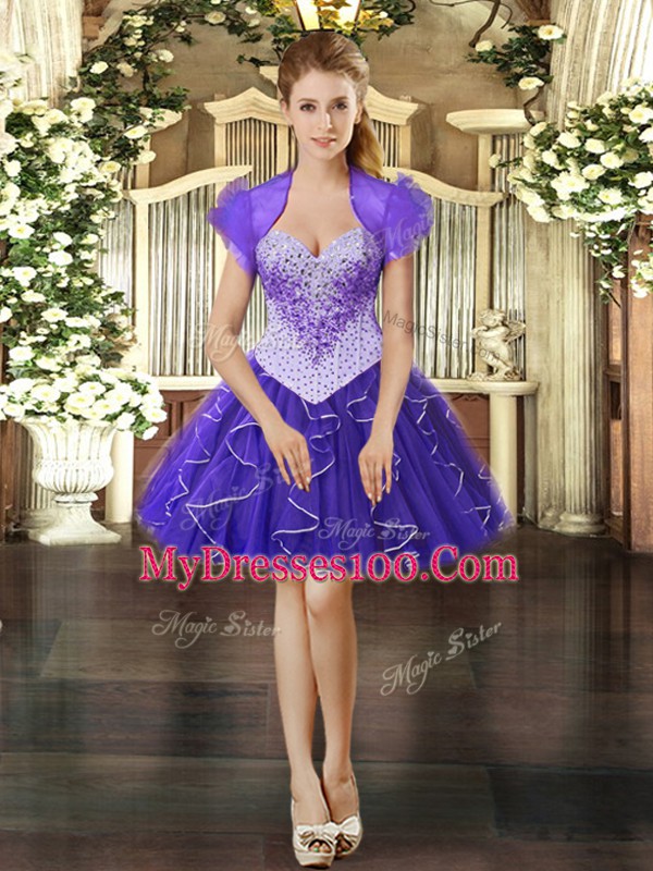 Purple Ball Gowns Straps Sleeveless Tulle Floor Length Lace Up Beading and Ruffles Sweet 16 Quinceanera Dress