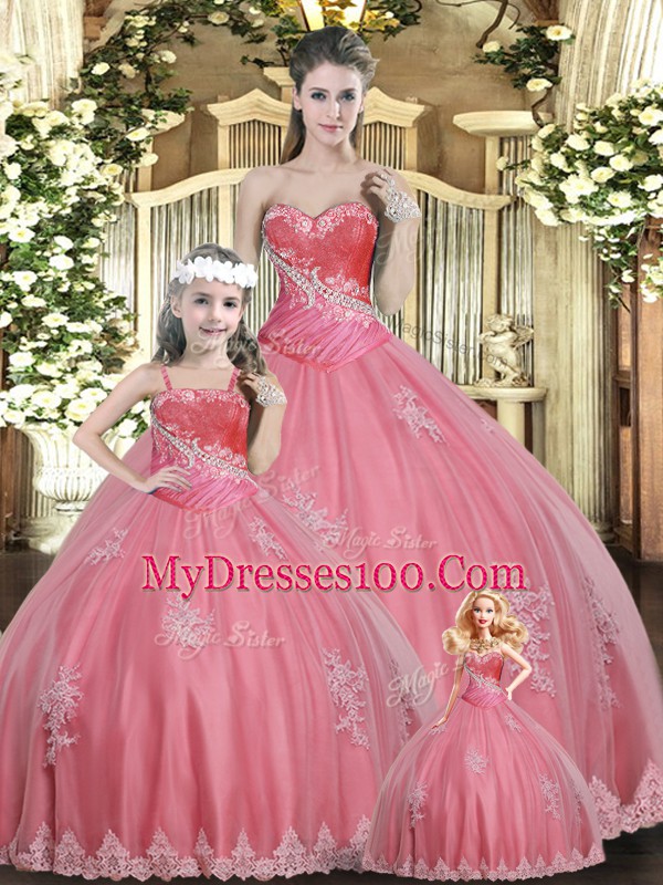 Watermelon Red Tulle Lace Up Sweetheart Sleeveless Floor Length Quinceanera Gowns Beading