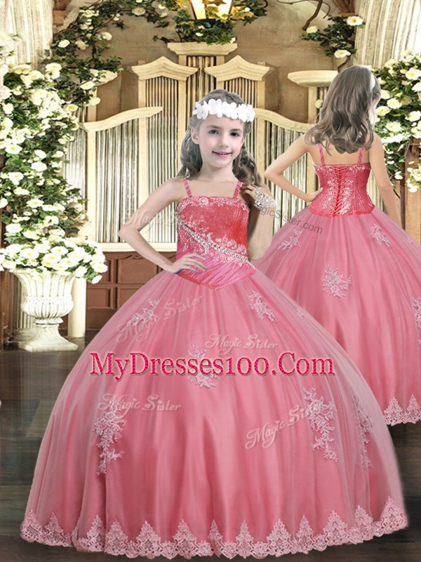 Watermelon Red Tulle Lace Up Sweetheart Sleeveless Floor Length Quinceanera Gowns Beading