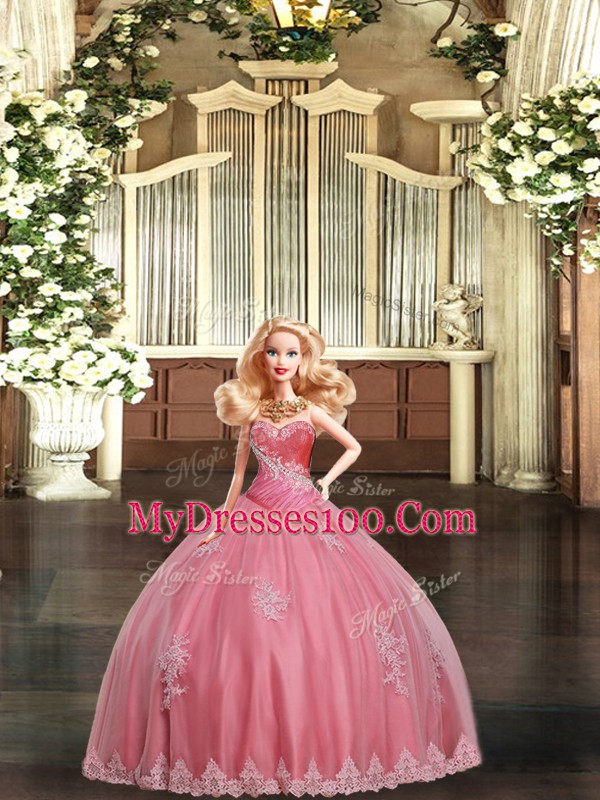 Watermelon Red Tulle Lace Up Sweetheart Sleeveless Floor Length Quinceanera Gowns Beading