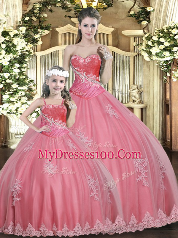 Watermelon Red Tulle Lace Up Sweetheart Sleeveless Floor Length Quinceanera Gowns Beading