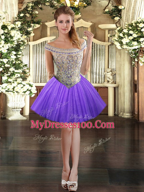 Mini Length Lace Up Homecoming Dress Lavender for Prom and Party with Beading