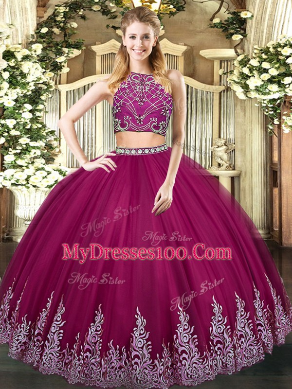 Stunning Fuchsia Two Pieces Beading and Appliques Sweet 16 Quinceanera Dress Zipper Tulle Sleeveless Floor Length
