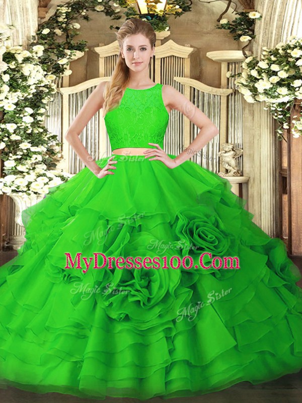 Sleeveless Tulle Floor Length Zipper Ball Gown Prom Dress in Green with Ruffles