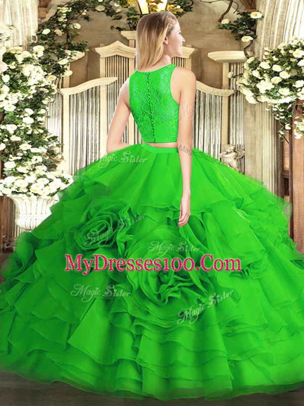 Sleeveless Tulle Floor Length Zipper Ball Gown Prom Dress in Green with Ruffles