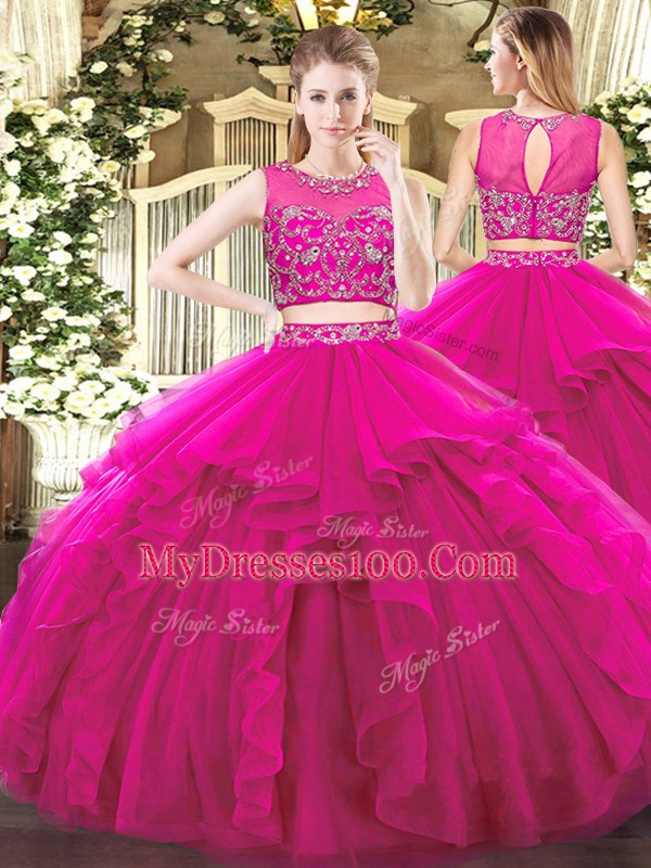 Fuchsia Scoop Zipper Beading and Ruffles Sweet 16 Quinceanera Dress Sleeveless