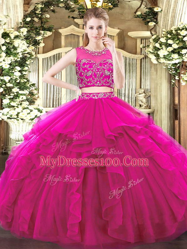 Fuchsia Scoop Zipper Beading and Ruffles Sweet 16 Quinceanera Dress Sleeveless