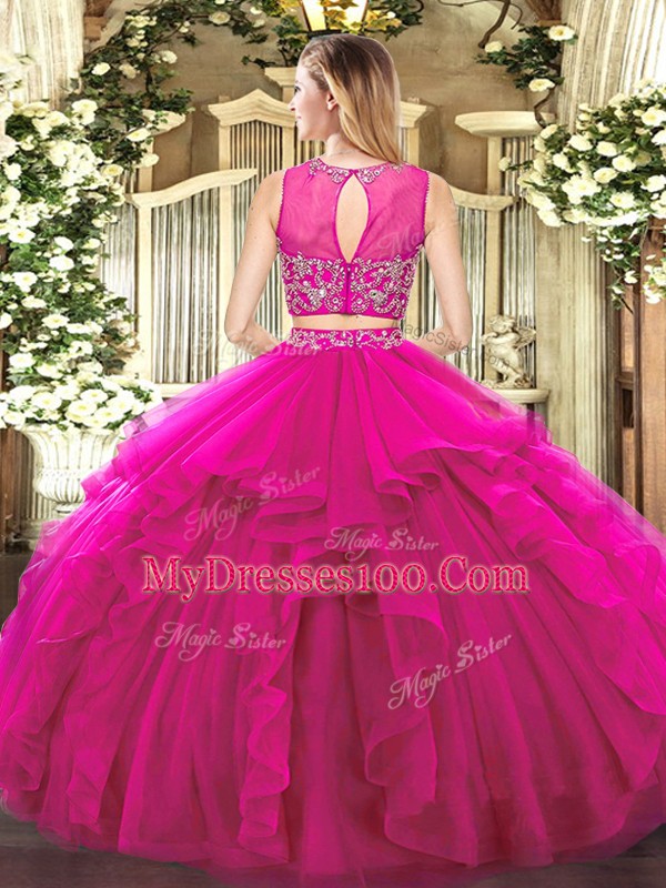 Fuchsia Scoop Zipper Beading and Ruffles Sweet 16 Quinceanera Dress Sleeveless