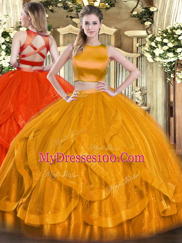 Sleeveless Tulle Floor Length Criss Cross Quince Ball Gowns in Orange Red with Ruffles
