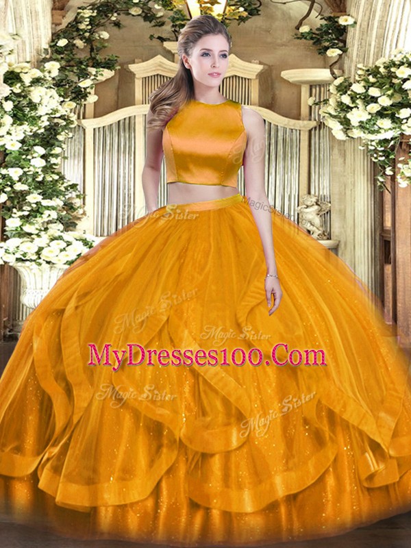 Sleeveless Tulle Floor Length Criss Cross Quince Ball Gowns in Orange Red with Ruffles