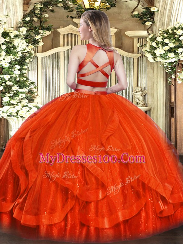 Sleeveless Tulle Floor Length Criss Cross Quince Ball Gowns in Orange Red with Ruffles