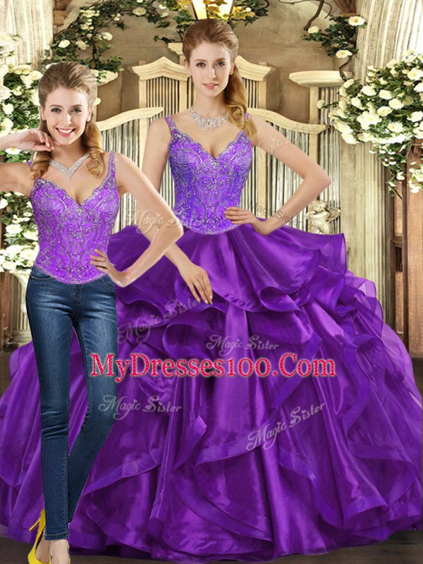Dynamic Sleeveless Organza Floor Length Lace Up Vestidos de Quinceanera in Purple with Beading and Ruffles